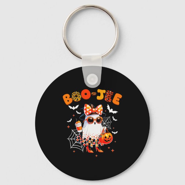 Coquette Leopard Ghost Coffee Boo-jee Halloween Bo Keychain (Front)