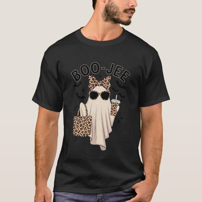 Coquette Leopard Ghost Coffee Boo-JEE Halloween Bo T-Shirt (Front)