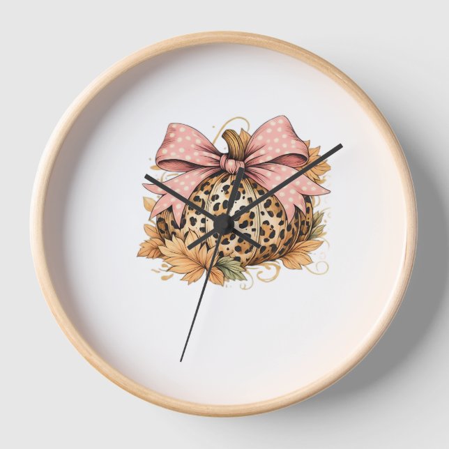 Coquette Leopard Pumpkin with Pink Bow – Glam Fall Clock (Front)