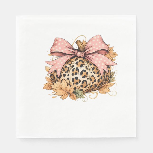 Coquette Leopard Pumpkin with Pink Bow – Glam Fall Napkins (Front)