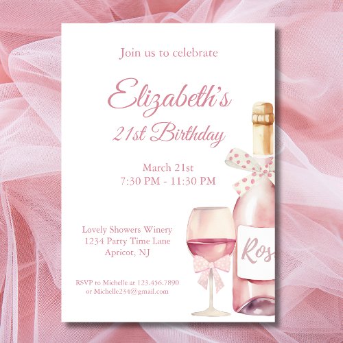 Coquette Light Pink Bows and Wine 21st Birthday Invitation