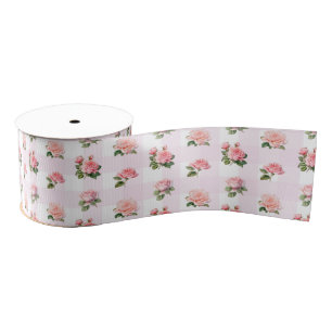 Coquette Light Pink Gingham and Roses Grosgrain Ribbon