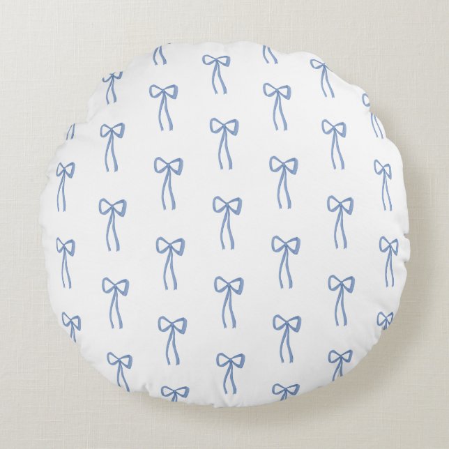Coquette Little Bow Blue Grandmillenial Round Pillow (Front)
