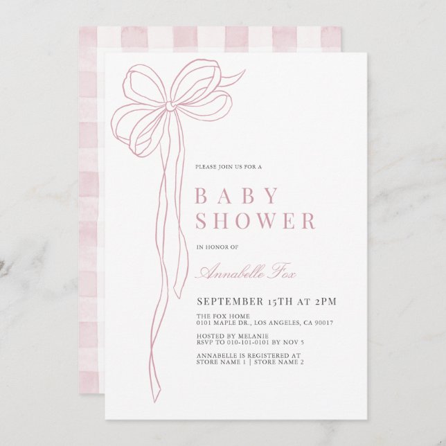Coquette Long Pink Bow Ribbon Girl Baby Shower Invitation (Front/Back)