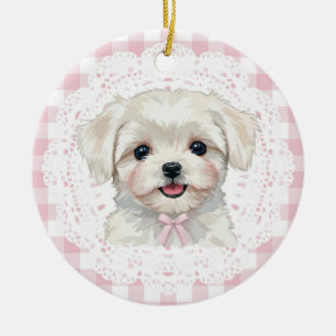 Coquette Maltese Dog Pink Gingham Bows Ceramic Ornament
