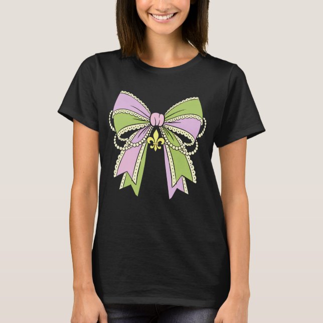 Coquette Mardi Gras Bow Pearls Ribbon Women Girls  T-Shirt (Front)