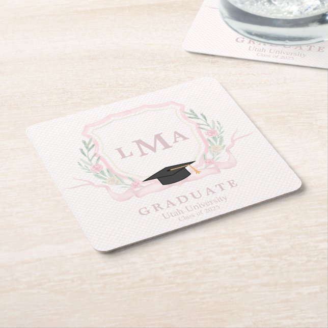 Coquette Monogram Graduation Square Paper Coaster (Angled)