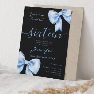 Coquette Navy Blue Bow Sweet 16 Birthday Black Invitation
