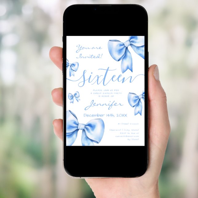 Coquette Navy Blue Bow Sweet 16 Party  Invitation (Front Digital)