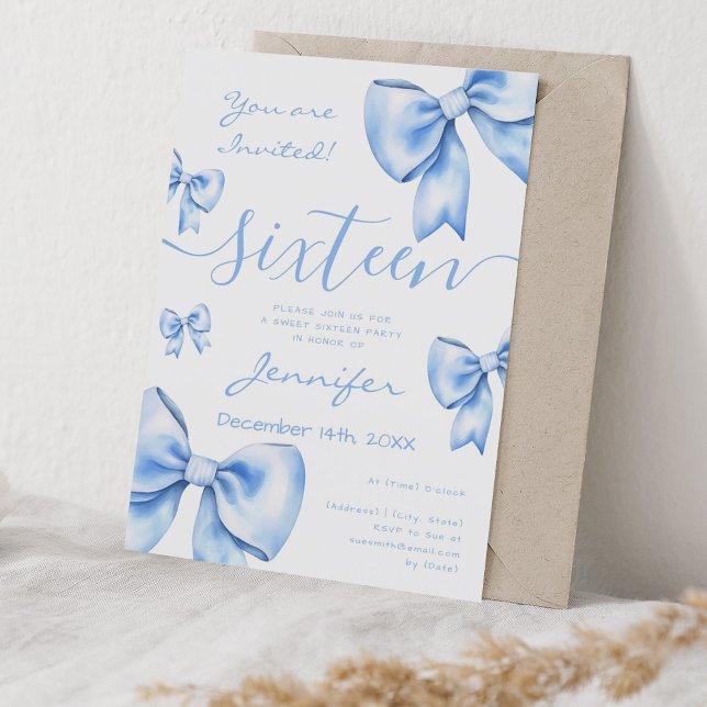 Coquette Navy Blue Bow Sweet 16 Party  Invitation (Coquette Navy Blue Bow Sweet 16 Party Invitation)