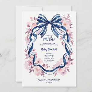 Coquette Navy Blue Bow Twins Baby Shower Invitation