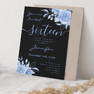 Coquette Navy Blue Sweet 16 Floral Glam Black Invitation