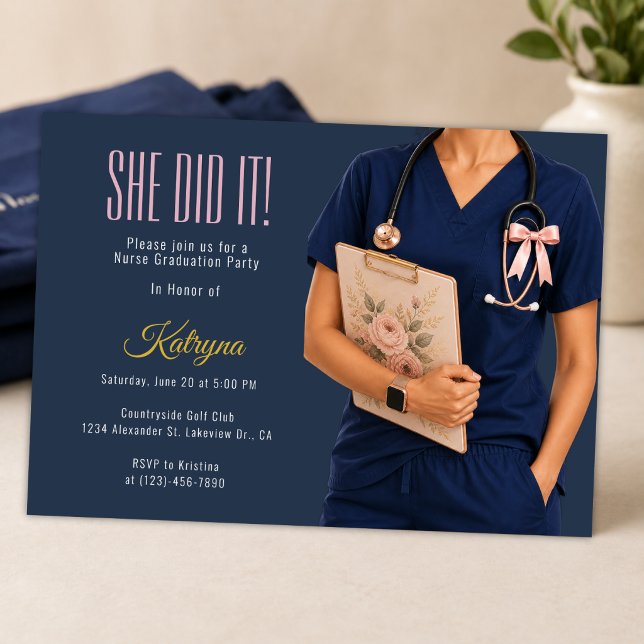 Coquette Nurse Graduation Photo Invite (Elegant nurse graduation invitation with floral clipboard and soft bow detail)