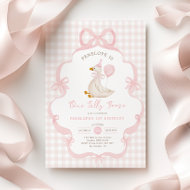 Coquette One Silly Goose Pink Bow 1st Birthday Invitation