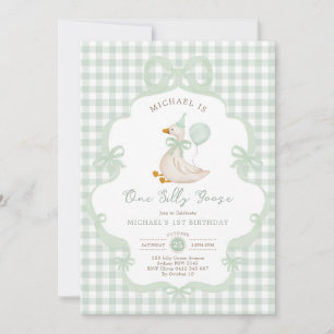 Coquette One Silly Goose Sage Green Bow Birthday Invitation