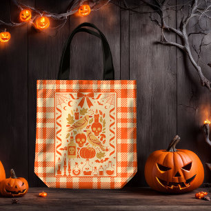 Coquette Orange Folk Art Plaid Tote Bag