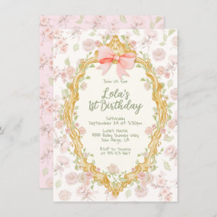 Coquette Ornate Frame Pink Bow Toile Birthday Invitation
