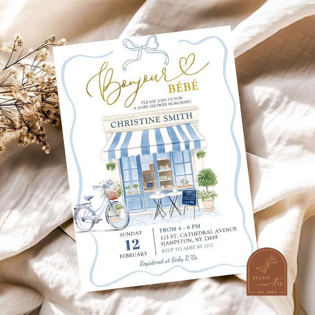 Coquette Parisian cafe French Blue Baby Shower Invitation (Creator Uploaded)