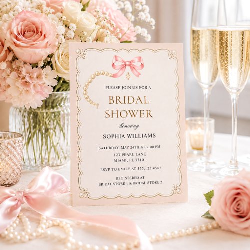 Coquette Pearls & Prosecco Bridal Shower Invitation