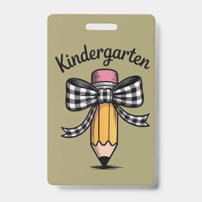 Coquette Pencil Bow Kindergarten Teacher School Badge (Front)