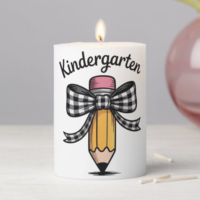 Coquette Pencil Bow Kindergarten Teacher School Pillar Candle (In Situ)