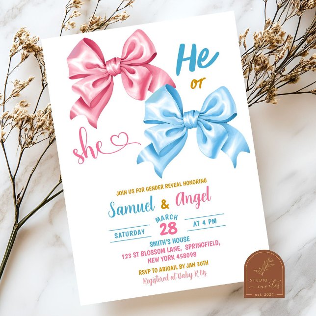 Coquette Pink and Blue Bow Gender Reveal Invitation (Creator Uploaded)