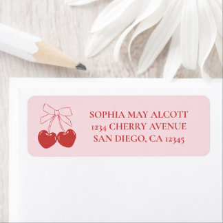 Coquette Pink and Red Cherry Bow Return Address Label