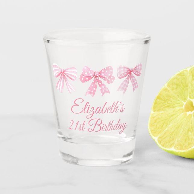 Coquette Pink Bow 21st Birthday Shot Glass (Front)
