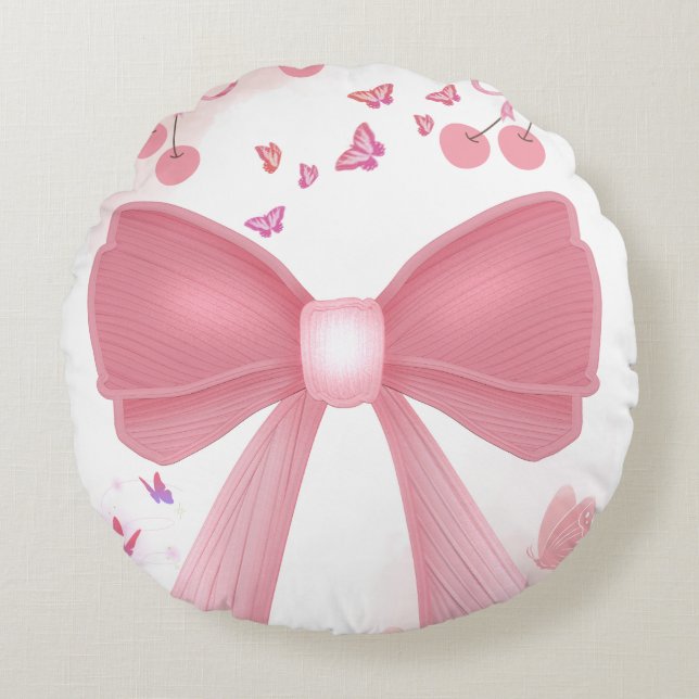 Coquette Pink Bow and Cherries Aesthetic Collage – Round Pillow (Front)