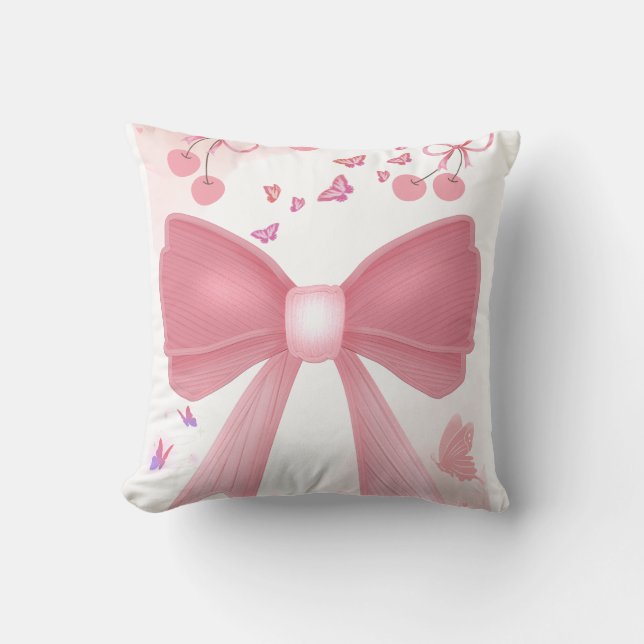 Coquette Pink Bow and Cherries Aesthetic Collage – Throw Pillow (Front)