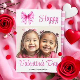 Coquette pink bow and hearts Valentine's Day photo Holiday Card