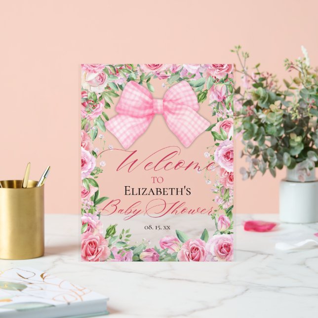 Coquette Pink Bow and Roses Baby Shower Welcome Acrylic Sign (Wedding)