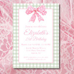 Coquette Pink Bow And Sage Gingham 21st Birthday Invitation<br><div class="desc">Embrace the whimsical charm of your inner child with our Coquette 21st Birthday Party Invitation! This delightful design features a single light pink bow against a sage green gingham background, capturing the essence of Balletcore Elegance and coquette aesthetics in a playful and childlike way. Set the tone for a joyous...</div>