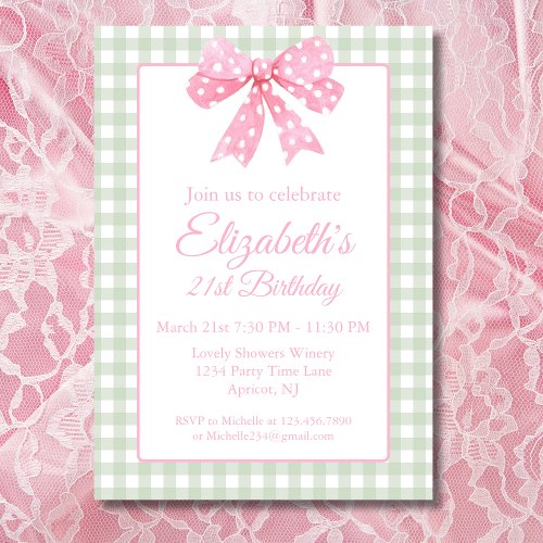 Coquette Pink Bow And Sage Gingham 21st Birthday Invitation