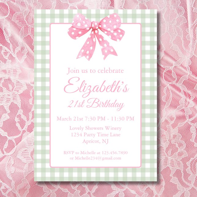 Coquette Pink Bow And Sage Gingham 21st Birthday Invitation (Creator Uploaded)