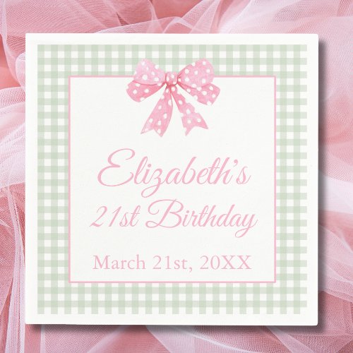 Coquette Pink Bow And Sage Gingham 21st Birthday Napkins