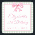 Coquette Pink Bow And Sage Gingham 21st Birthday Square Sticker<br><div class="desc">Embrace the whimsical charm of your inner child with our Coquette 21st Birthday Party stickers! This delightful design features a single light pink bow against a sage green gingham background,  capturing the essence of Balletcore Elegance and coquette aesthetics in a playful and childlike way.</div>