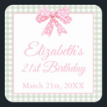 Coquette Pink Bow And Sage Gingham 21st Birthday Square Sticker<br><div class="desc">Embrace the whimsical charm of your inner child with our Coquette 21st Birthday Party stickers! This delightful design features a single light pink bow against a sage green gingham background,  capturing the essence of Balletcore Elegance and coquette aesthetics in a playful and childlike way.</div>