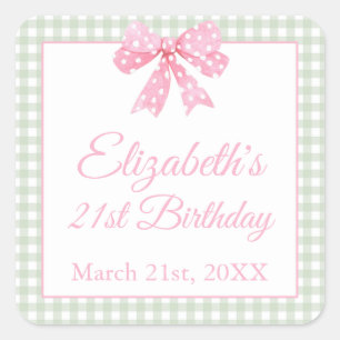 Coquette Pink Bow And Sage Gingham 21st Birthday Square Sticker