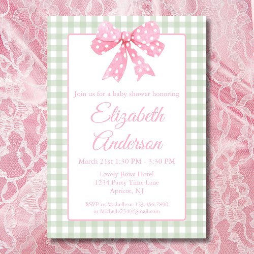 Coquette Pink Bow And Sage Gingham Baby Shower Invitation