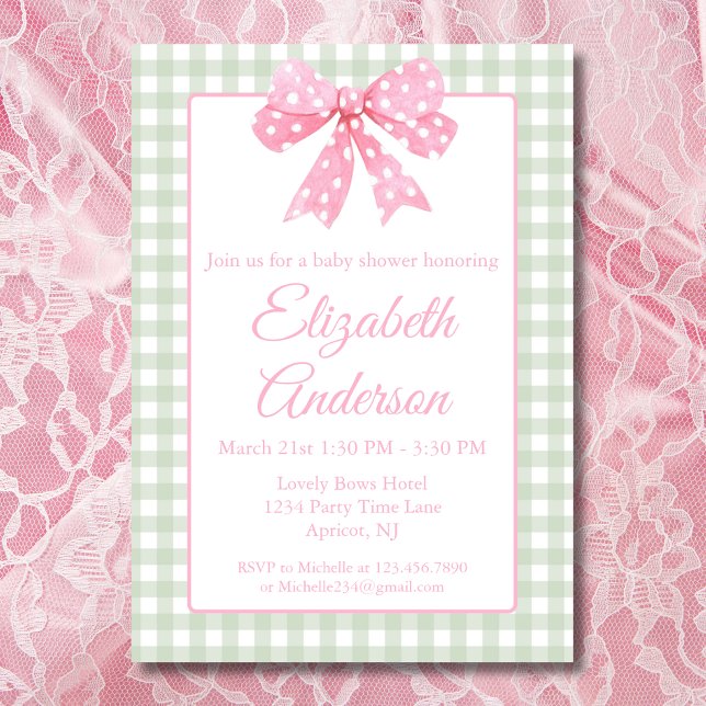 Coquette Pink Bow And Sage Gingham Baby Shower Invitation (Creator Uploaded)