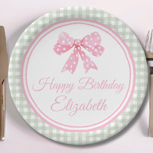 Coquette Pink Bow And Sage Gingham Birthday Paper Plates