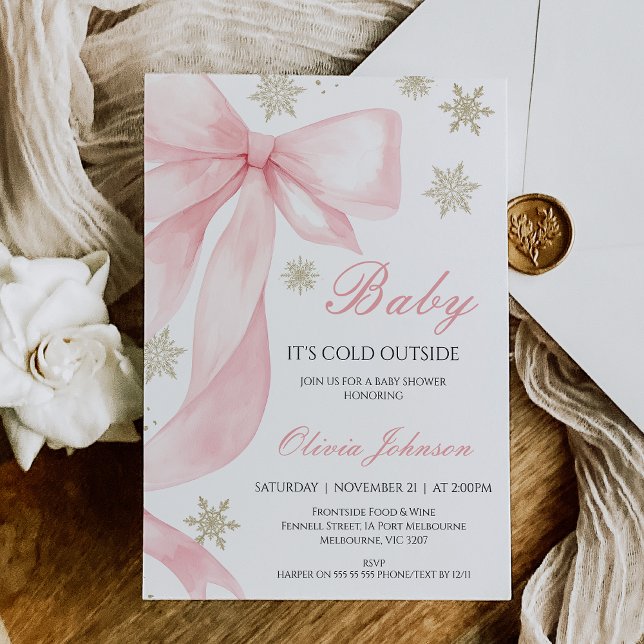 Coquette Pink Bow Baby It's Cold Baby Shower Invitation (Baby it's Cold Outside Baby Shower Invitation Girls Pink Bow Snowflakes, Winter Baby Shower Invite)