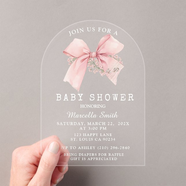 Coquette Pink Bow Baby Shower Girl  Acrylic Invitations (Insitu (Handheld))