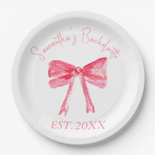 Coquette Pink Bow Bachelorette Party  Paper Plates (Front)