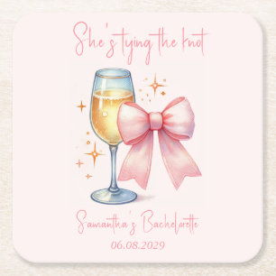 Coquette Pink Bow Bachelorette Party Square Paper Coaster