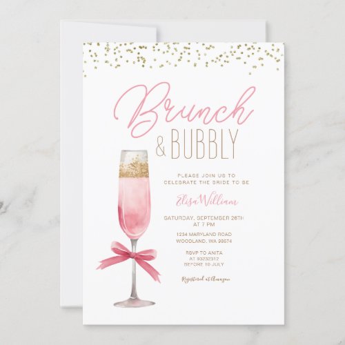 Coquette Pink Bow Brunch  Bubbly Bridal Shower Invitation