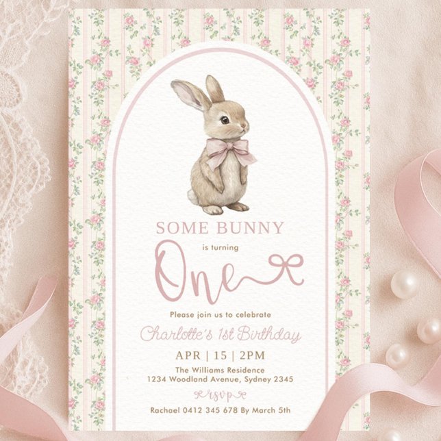 Coquette Pink Bow Bunny 1st Birthday Invitation (Creator Uploaded)