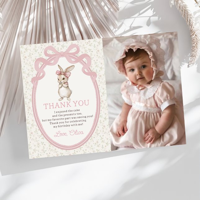 Coquette Pink Bow Bunny Birthday Thank You Card (Creator Uploaded)