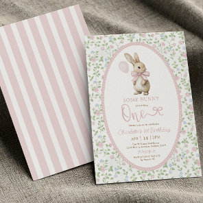 Coquette Pink Bow Bunny Rabbit Girl 1st Birthday Invitation